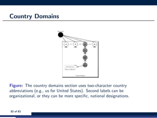 Country Domains
Figure: The country domains section uses two-character country
abbreviations (e.g., us for United States). Second labels can be
organizational, or they can be more speciﬁc, national designations.
82 of 83
 