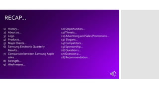 RECAP…
1) History…
2) About us…
3) Logo
4) Products…
5) Major Clients…
6) Samsung ElectronicQuarterly
Results…
7) Comparison between SamsungApple
sales…
8) Strength…
9) Weaknesses…
10) Opportunities…
11)Threats…
12) Advertising and Sales Promotions…
13) Slogans…
14) Competitors…
15) Sponsorship…
16) Question 1…
17) Question 2…
18) Recommendation…
 