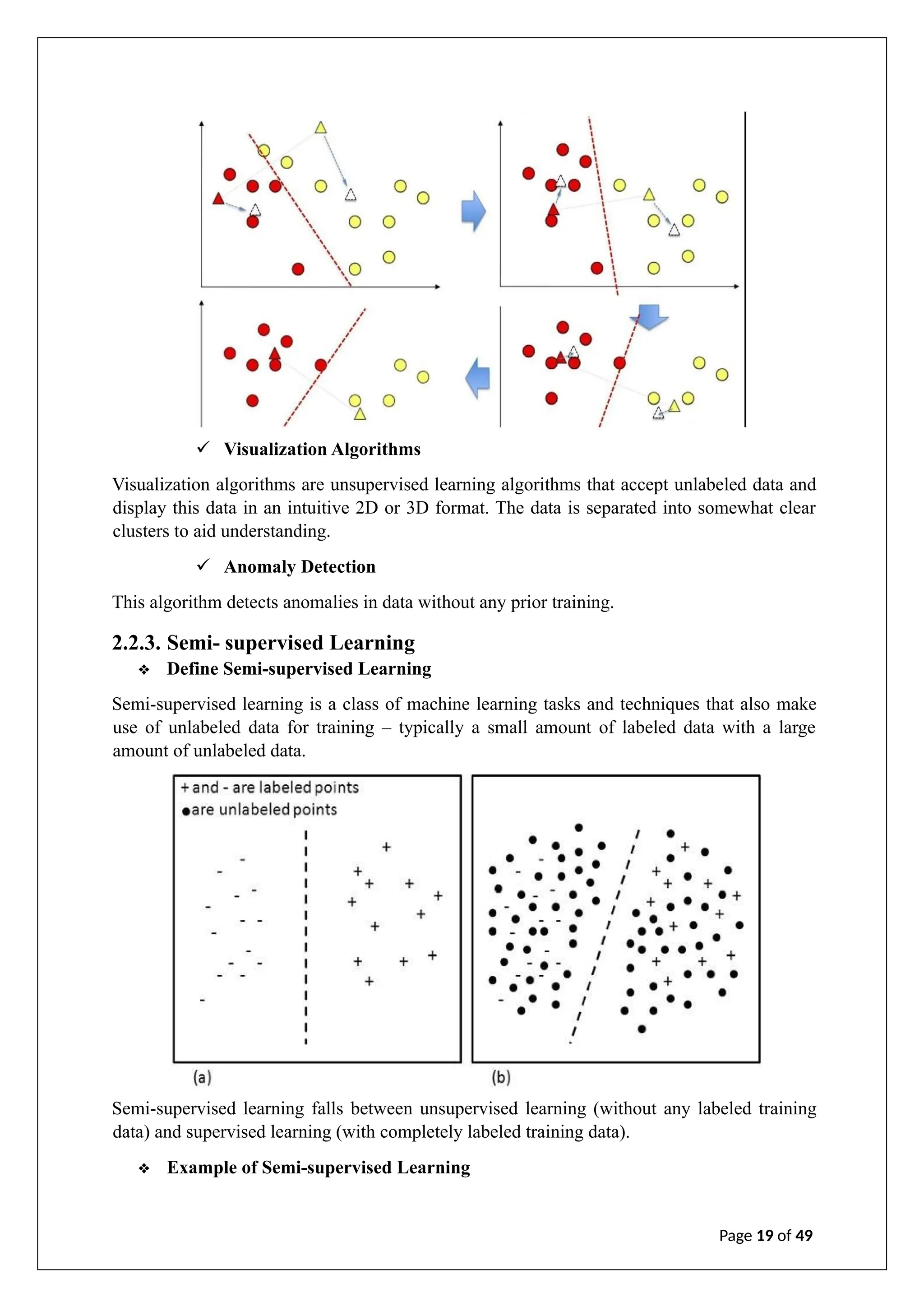 ✓ Visualization Algorithms
Visualization algorithms are unsupervised learning algorithms that accept unlabeled data and
display this data in an intuitive 2D or 3D format. The data is separated into somewhat clear
clusters to aid understanding.
✓ Anomaly Detection
This algorithm detects anomalies in data without any prior training.
2.2.3. Semi- supervised Learning
❖ Define Semi-supervised Learning
Semi-supervised learning is a class of machine learning tasks and techniques that also make
use of unlabeled data for training – typically a small amount of labeled data with a large
amount of unlabeled data.
Semi-supervised learning falls between unsupervised learning (without any labeled training
data) and supervised learning (with completely labeled training data).
❖ Example of Semi-supervised Learning
Page 19 of 49
 