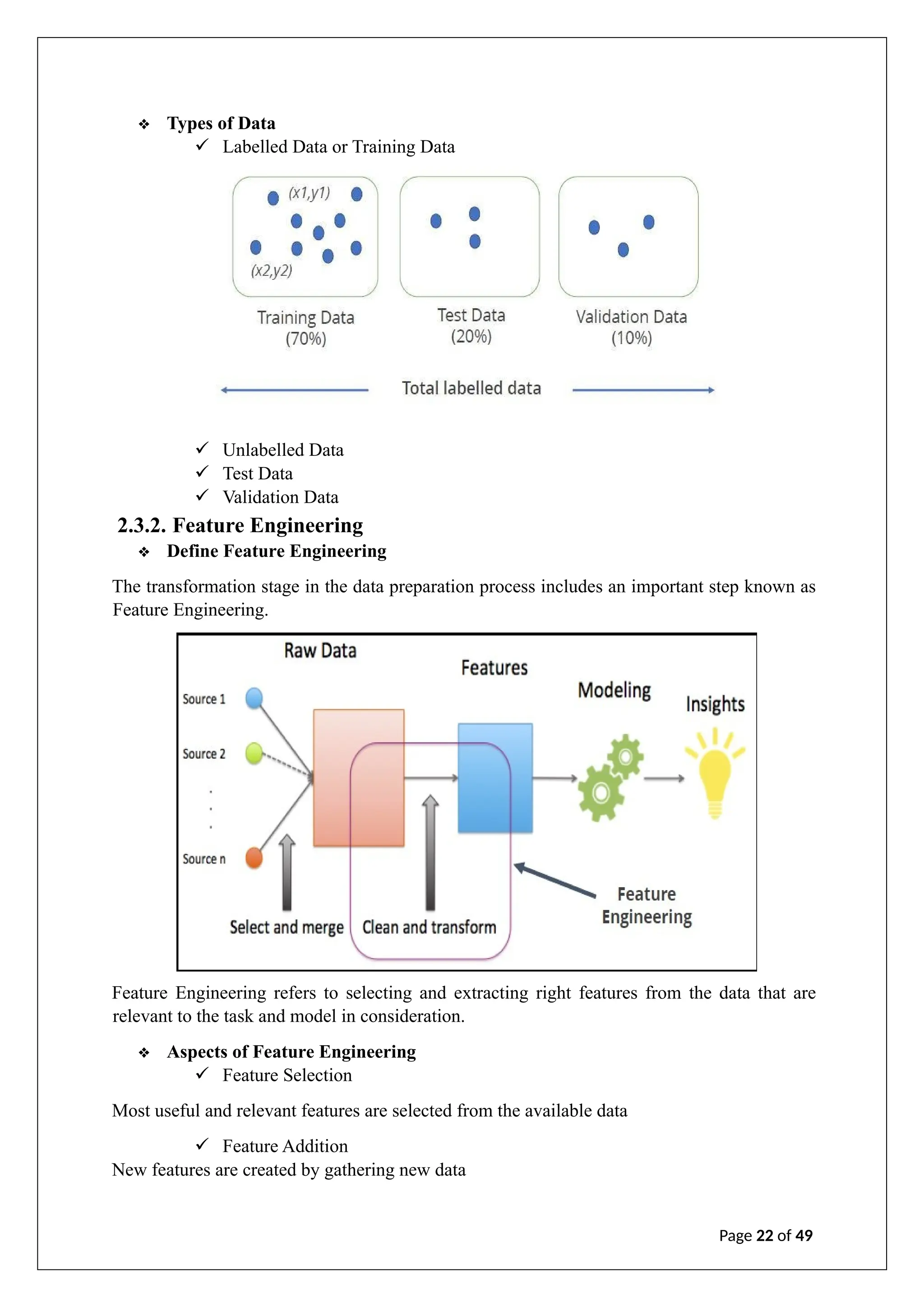 ❖ Types of Data
✓ Labelled Data or Training Data
✓ Unlabelled Data
✓ Test Data
✓ Validation Data
2.3.2. Feature Engineering
❖ Define Feature Engineering
The transformation stage in the data preparation process includes an important step known as
Feature Engineering.
Feature Engineering refers to selecting and extracting right features from the data that are
relevant to the task and model in consideration.
❖ Aspects of Feature Engineering
✓ Feature Selection
Most useful and relevant features are selected from the available data
✓ Feature Addition
New features are created by gathering new data
Page 22 of 49
 