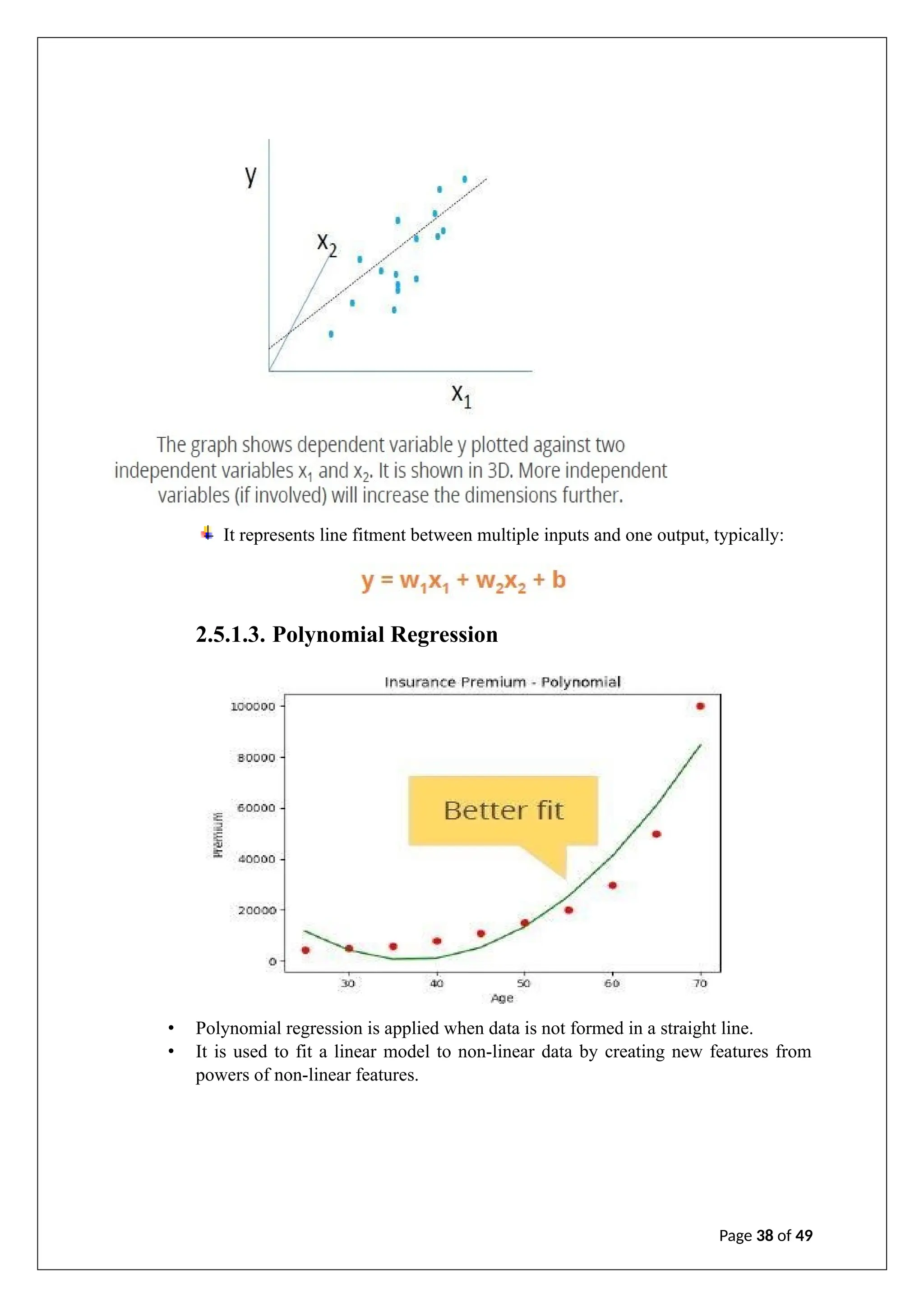 2.5.1.3. Polynomial Regression
• Polynomial regression is applied when data is not formed in a straight line.
• It is used to fit a linear model to non-linear data by creating new features from
powers of non-linear features.
Page 38 of 49
It represents line fitment between multiple inputs and one output, typically:
 