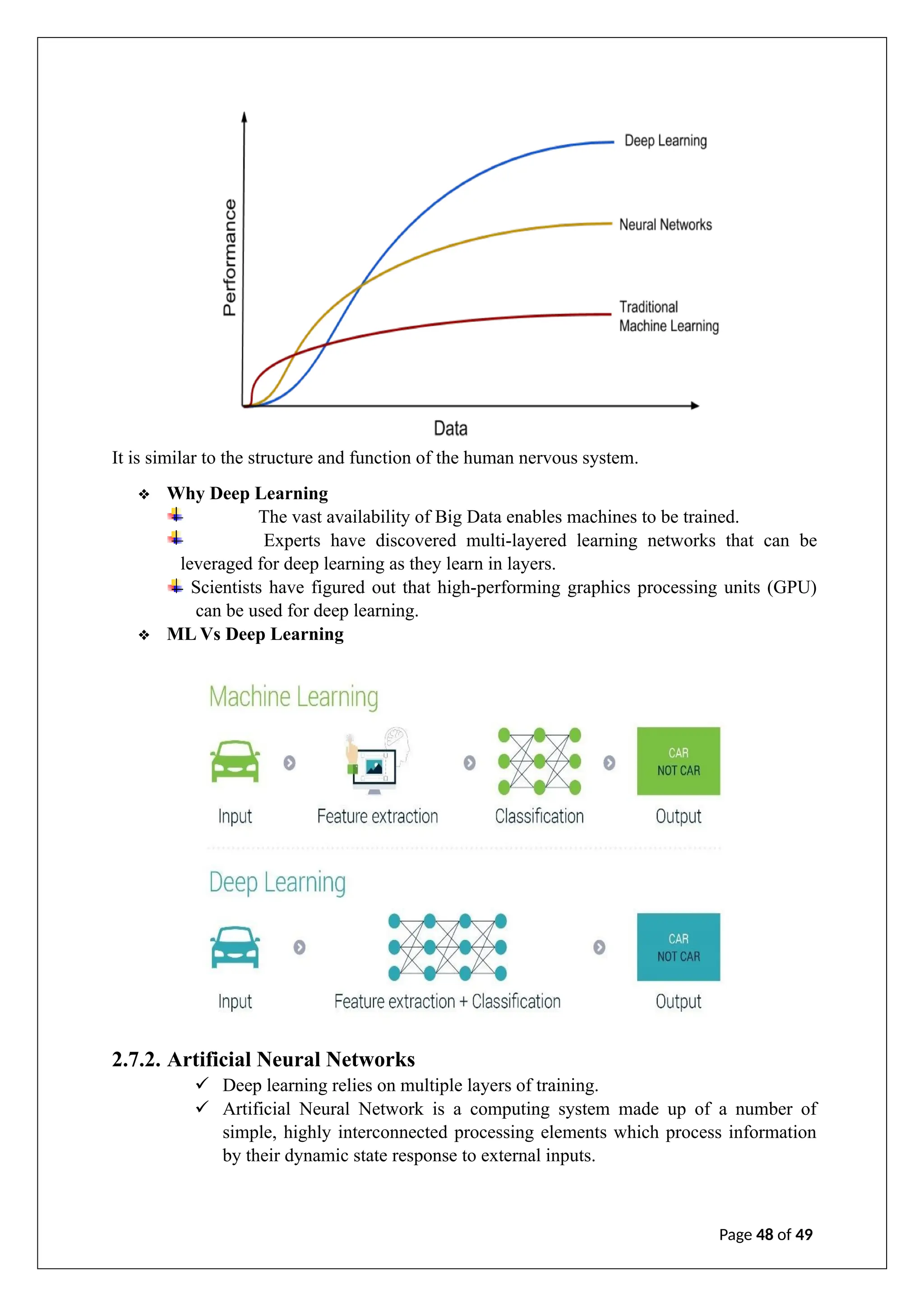 It is similar to the structure and function of the human nervous system.
❖ Why Deep Learning
The vast availability of Big Data enables machines to be trained.
Experts have discovered multi-layered learning networks that can be
leveraged for deep learning as they learn in layers.
Scientists have figured out that high-performing graphics processing units (GPU)
can be used for deep learning.
❖ ML Vs Deep Learning
2.7.2. Artificial Neural Networks
✓ Deep learning relies on multiple layers of training.
✓ Artificial Neural Network is a computing system made up of a number of
simple, highly interconnected processing elements which process information
by their dynamic state response to external inputs.
Page 48 of 49
 