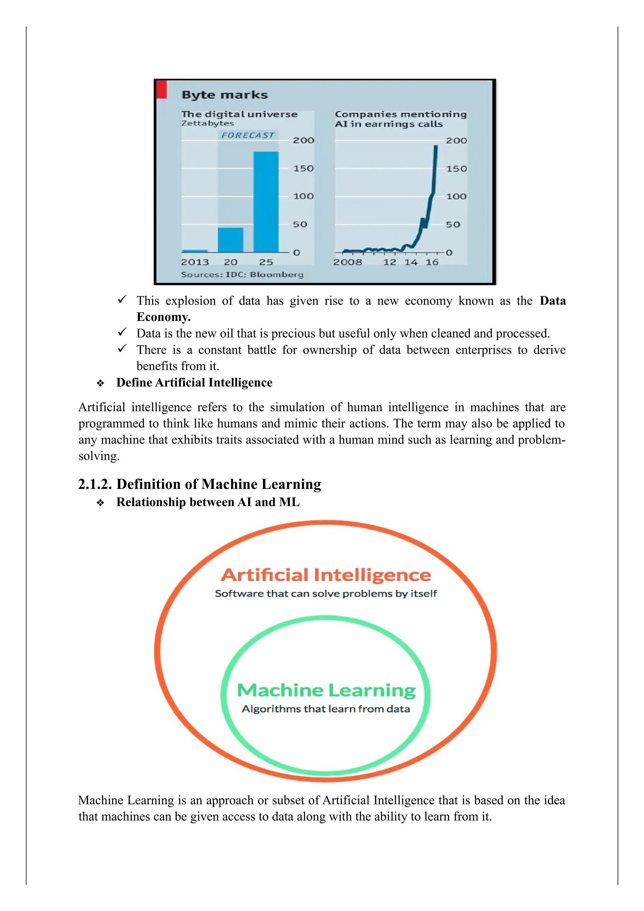 ✓ This explosion of data has given rise to a new economy known as the Data
Economy.
✓ Data is the new oil that is precious but useful only when cleaned and processed.
✓ There is a constant battle for ownership of data between enterprises to derive
benefits from it.
❖ Define Artificial Intelligence
Artificial intelligence refers to the simulation of human intelligence in machines that are
programmed to think like humans and mimic their actions. The term may also be applied to
any machine that exhibits traits associated with a human mind such as learning and problem-
solving.
2.1.2. Definition of Machine Learning
❖ Relationship between AI and ML
Machine Learning is an approach or subset of Artificial Intelligence that is based on the idea
that machines can be given access to data along with the ability to learn from it.
 