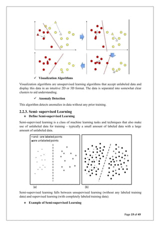 ✓ Visualization Algorithms
Visualization algorithms are unsupervised learning algorithms that accept unlabeled data and
display this data in an intuitive 2D or 3D format. The data is separated into somewhat clear
clusters to aid understanding.
✓ Anomaly Detection
This algorithm detects anomalies in data without any prior training.
2.2.3. Semi- supervised Learning
❖ Define Semi-supervised Learning
Semi-supervised learning is a class of machine learning tasks and techniques that also make
use of unlabeled data for training – typically a small amount of labeled data with a large
amount of unlabeled data.
Semi-supervised learning falls between unsupervised learning (without any labeled training
data) and supervised learning (with completely labeled training data).
❖ Example of Semi-supervised Learning
Page 19 of 49
 