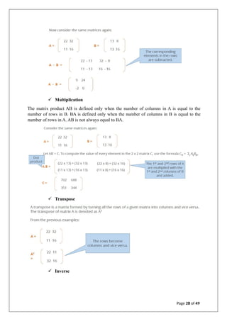 ✓ Multiplication
The matrix product AB is defined only when the number of columns in A is equal to the
number of rows in B. BA is defined only when the number of columns in B is equal to the
number of rows in A. AB is not always equal to BA.
✓ Transpose
✓ Inverse
Page 28 of 49
 