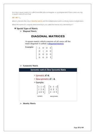 ❖ Special Types of Matrix
➢ Diagonal Matrix
➢ Symmetric Matrix
➢ Identity Matrix
Page 29 of 49
 