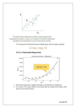 2.5.1.3. Polynomial Regression
• Polynomial regression is applied when data is not formed in a straight line.
• It is used to fit a linear model to non-linear data by creating new features from
powers of non-linear features.
Page 38 of 49
It represents line fitment between multiple inputs and one output, typically:
 