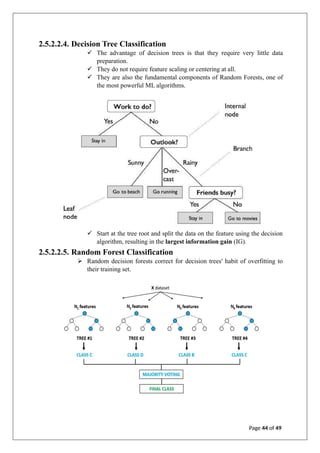 2.5.2.2.4. Decision Tree Classification
✓ The advantage of decision trees is that they require very little data
preparation.
✓ They do not require feature scaling or centering at all.
✓ They are also the fundamental components of Random Forests, one of
the most powerful ML algorithms.
✓ Start at the tree root and split the data on the feature using the decision
algorithm, resulting in the largest information gain (IG).
2.5.2.2.5. Random Forest Classification
➢ Random decision forests correct for decision trees' habit of overfitting to
their training set.
Page 44 of 49
 