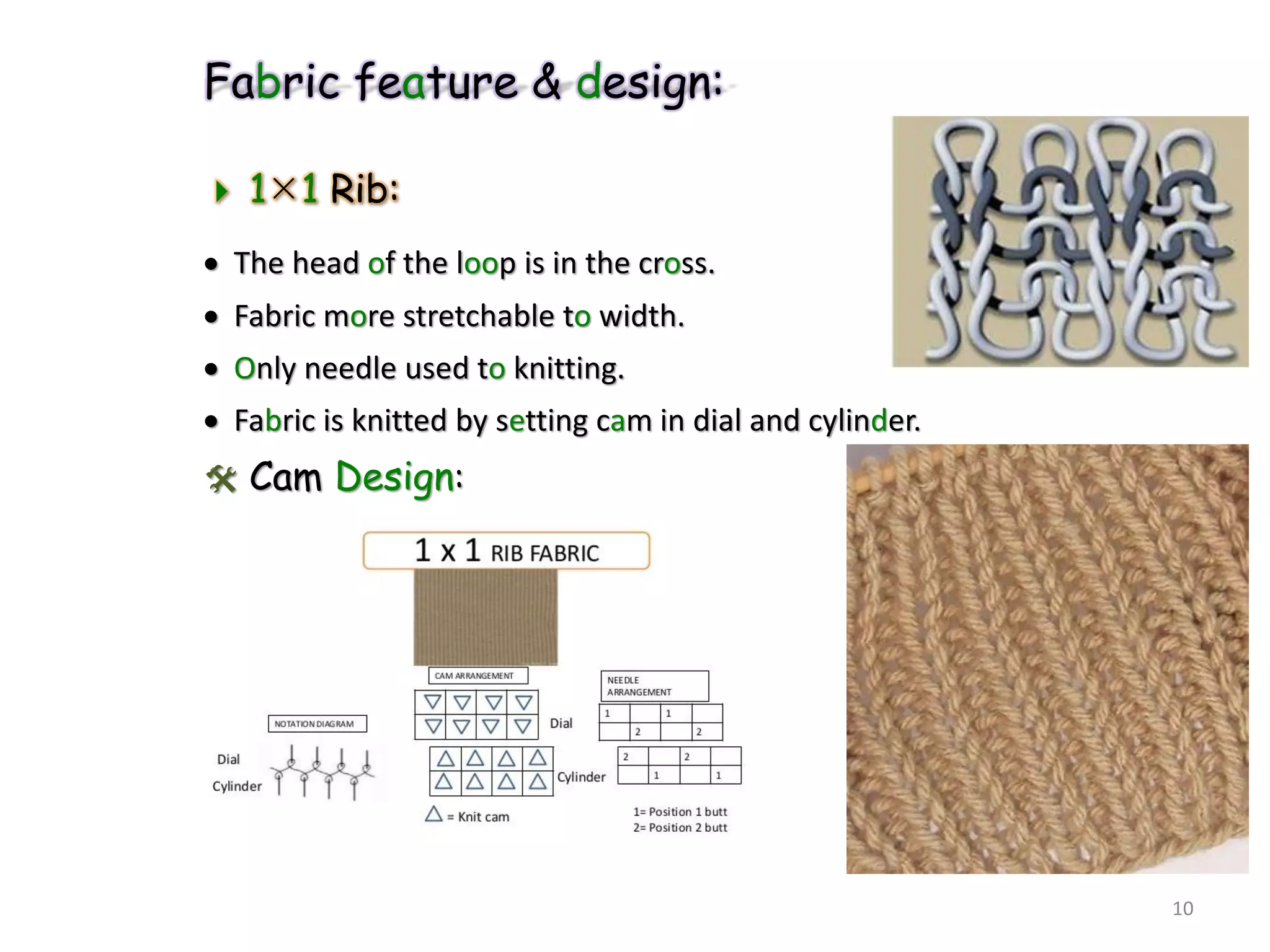 Fabric feature & design:
 11 Rib:
 The head of the loop is in the cross.
 Fabric more stretchable to width.
 Only needle used to knitting.
 Fabric is knitted by setting cam in dial and cylinder.
 Cam Design:
10
 