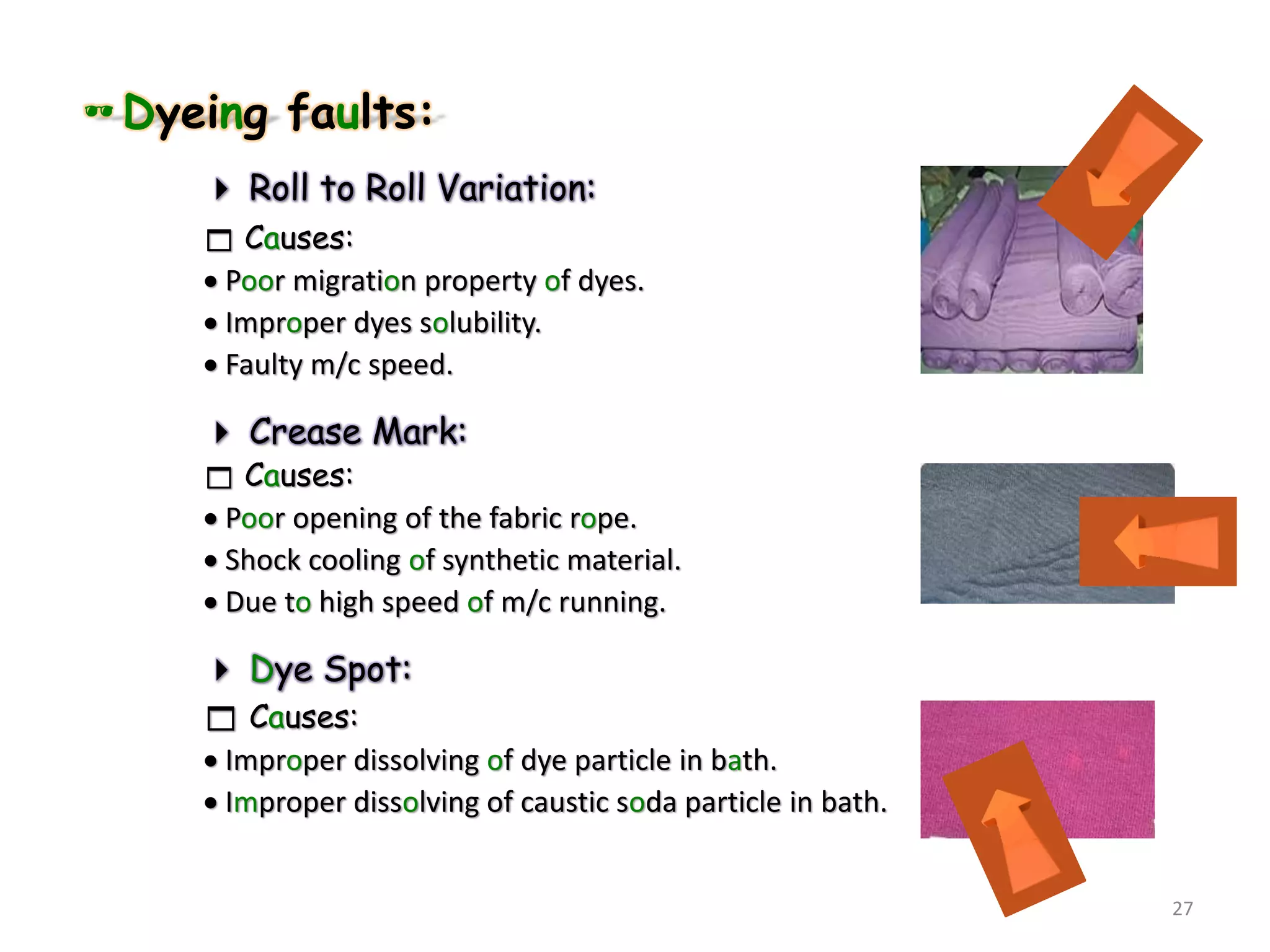 Dyeing faults:
 Roll to Roll Variation:
 Causes:
 Poor migration property of dyes.
 Improper dyes solubility.
 Faulty m/c speed.
 Crease Mark:
 Causes:
 Poor opening of the fabric rope.
 Shock cooling of synthetic material.
 Due to high speed of m/c running.
 Dye Spot:
 Causes:
 Improper dissolving of dye particle in bath.
 Improper dissolving of caustic soda particle in bath.
27
 