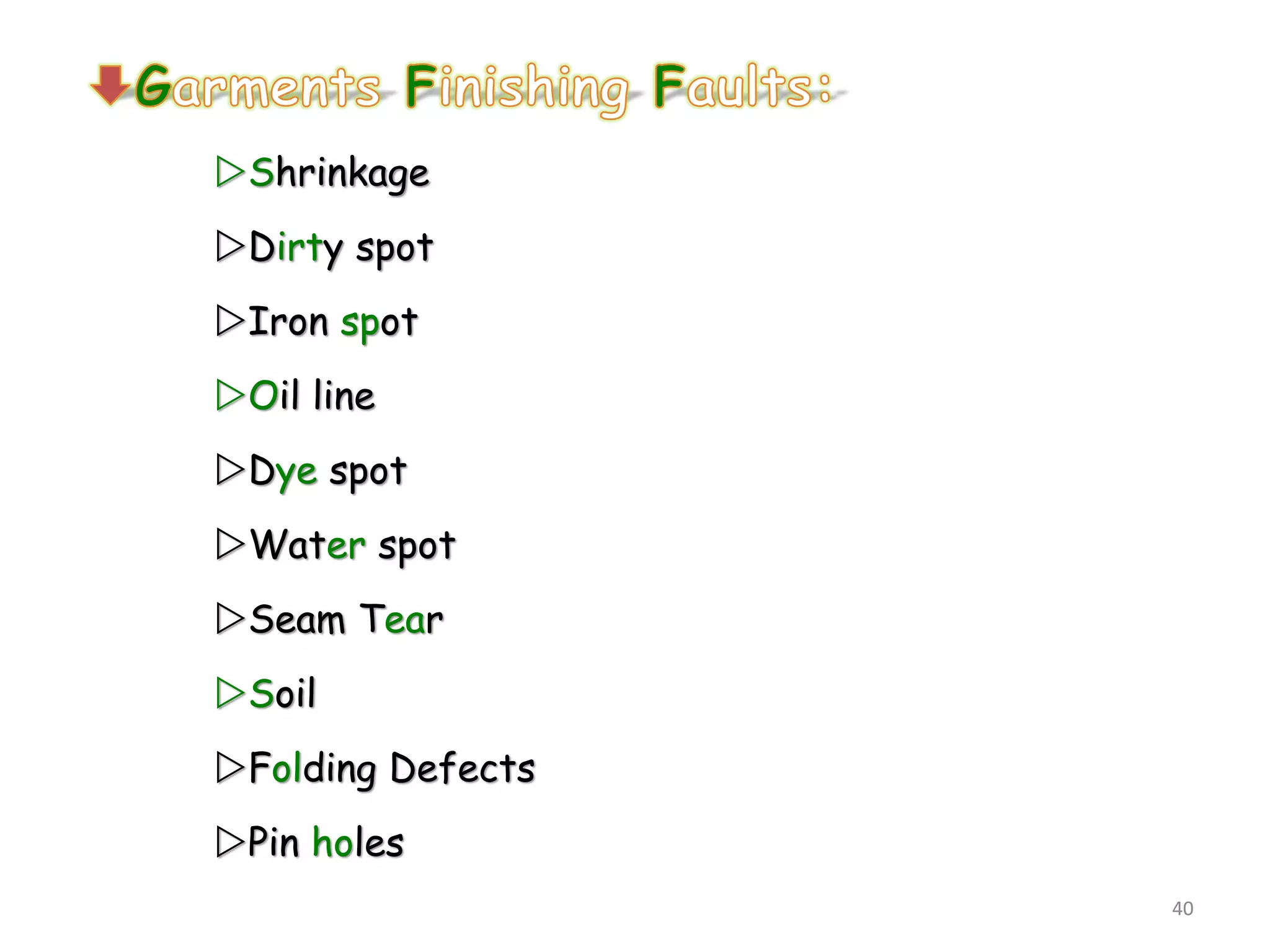 Shrinkage
Dirty spot
Iron spot
Oil line
Dye spot
Water spot
Seam Tear
Soil
Folding Defects
Pin holes
40
 