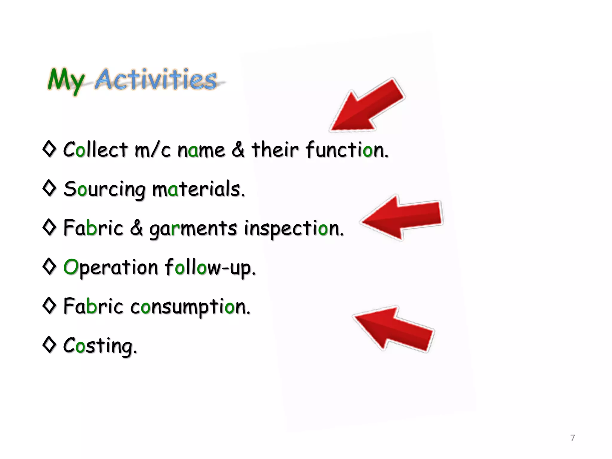 ◊ Collect m/c name & their function.
◊ Sourcing materials.
◊ Fabric & garments inspection.
◊ Operation follow-up.
◊ Fabric consumption.
◊ Costing.
7
 