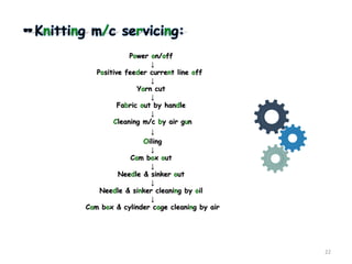 Knitting m/c servicing:
Power on/off
↓
Positive feeder current line off
↓
Yarn cut
↓
Fabric out by handle
↓
Cleaning m/c by air gun
↓
Oiling
↓
Cam box out
↓
Needle & sinker out
↓
Needle & sinker cleaning by oil
↓
Cam box & cylinder cage cleaning by air
22
 