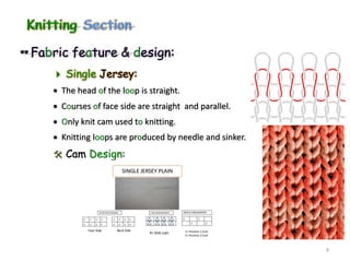 Fabric feature & design:
 Single Jersey:
 The head of the loop is straight.
 Courses of face side are straight and parallel.
 Only knit cam used to knitting.
 Knitting loops are produced by needle and sinker.
 Cam Design:
9
 