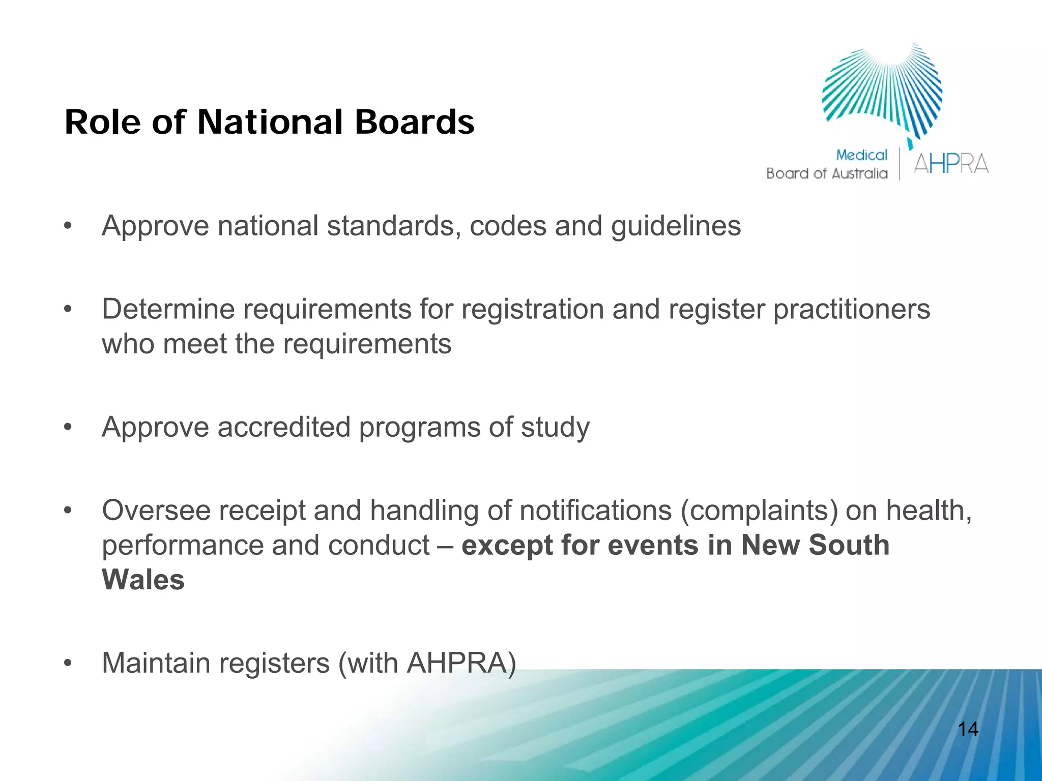 Role of National Boards

• Approve national standards, codes and guidelines

• Determine requirements for registration and register practitioners
  who meet the requirements

• Approve accredited programs of study

• Oversee receipt and handling of notifications (complaints) on health,
  performance and conduct – except for events in New South
  Wales

• Maintain registers (with AHPRA)

                                                                       14
 