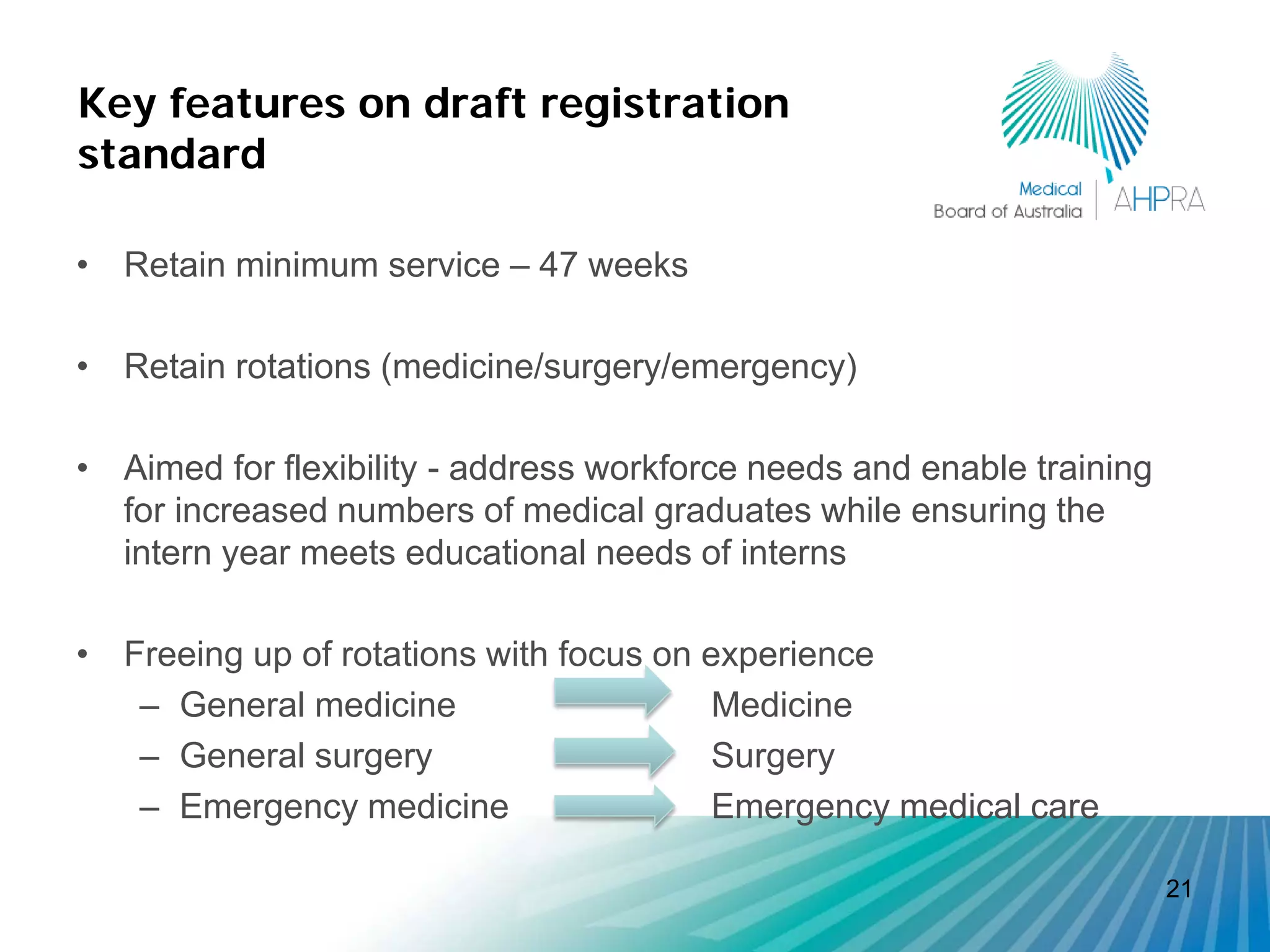 Key features on draft registration
standard

• Retain minimum service – 47 weeks

• Retain rotations (medicine/surgery/emergency)

• Aimed for flexibility - address workforce needs and enable training
  for increased numbers of medical graduates while ensuring the
  intern year meets educational needs of interns

• Freeing up of rotations with focus on experience
   – General medicine                    Medicine
   – General surgery                     Surgery
   – Emergency medicine                  Emergency medical care

                                                                        21
 