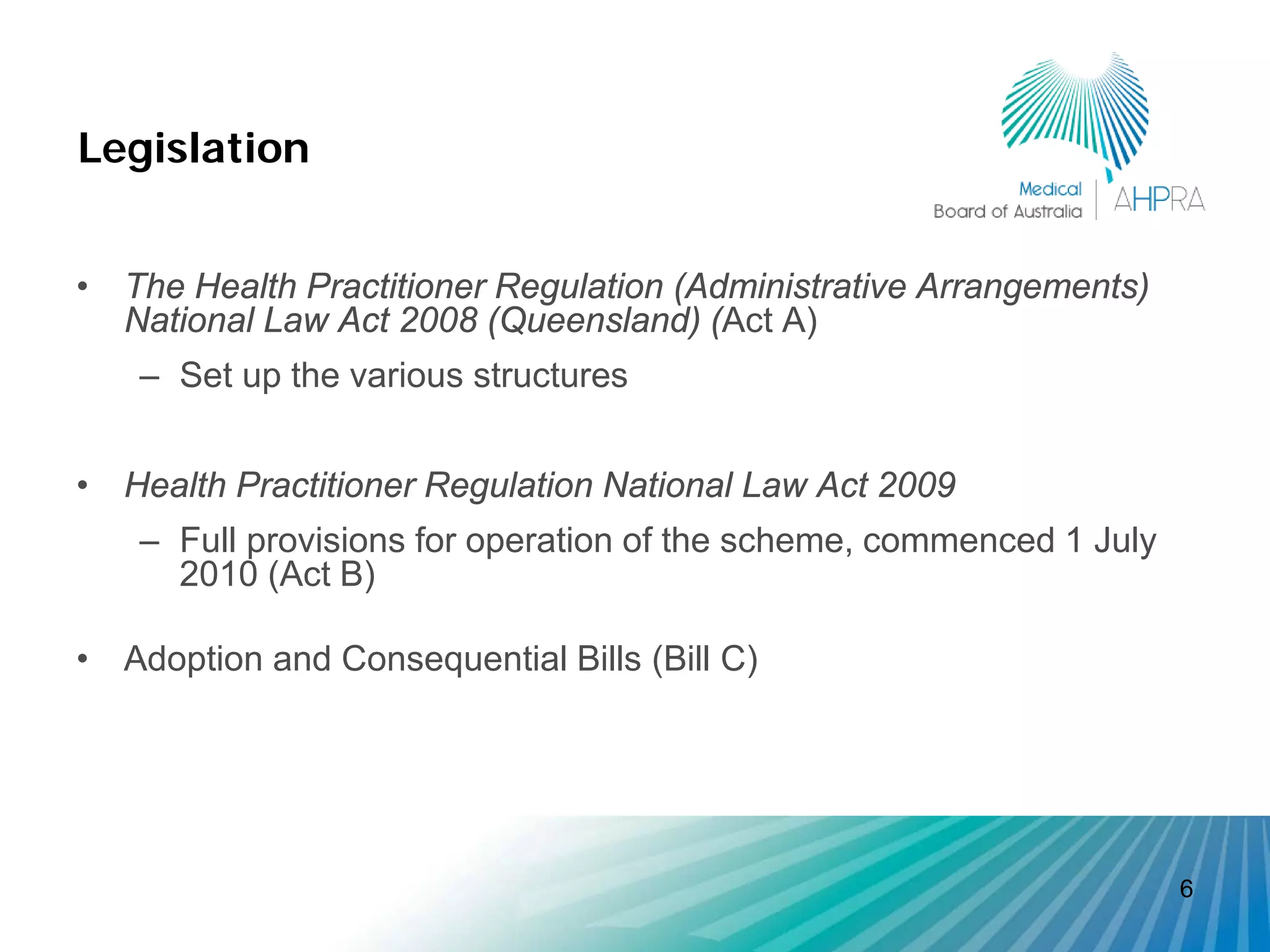 Legislation


• The Health Practitioner Regulation (Administrative Arrangements)
  National Law Act 2008 (Queensland) (Act A)
    – Set up the various structures


• Health Practitioner Regulation National Law Act 2009
    – Full provisions for operation of the scheme, commenced 1 July
      2010 (Act B)

• Adoption and Consequential Bills (Bill C)




                                                                      6
 