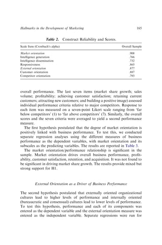 overall performance. The last seven items (market share growth; sales
volume; proﬁtability; achieving customer satisfaction; retaining current
customers; attracting new customers; and building a positive image) assessed
individual performance criteria relative to major competitors. Response to
each item was measured on a seven-point Likert scale ranging from ‘far
below competitors’ (1) to ‘far above competitors’ (7). Similarly, the overall
scores and the seven criteria were averaged to yield a second performance
measure.
The ﬁrst hypothesis postulated that the degree of market orientation is
positively linked with business performance. To test this, we conducted
separate regression analyses using the different measures of business
performance as the dependent variables, with market orientation and its
subscales as the predicting variables. The results are reported in Table 3.
The market orientation/performance relationship is signiﬁcant in the
sample. Market orientation drives overall business performance, proﬁt-
ability, customer satisfaction, retention, and acquisition. It was not found to
be signiﬁcant in driving market share growth. The results provide mixed but
strong support for H1.
External Orientation as a Driver of Business Performance
The second hypothesis postulated that externally oriented organizational
cultures lead to higher levels of performance and internally oriented
(bureaucratic and consensual) cultures lead to lower levels of performance.
To test this hypothesis, performance and each of its components was
entered as the dependent variable and the external orientation measure was
entered as the independent variable. Separate regressions were run for
Table 2. Construct Reliability and Scores.
Scale Item (Cronbach’s alpha) Overall Sample
Market orientation .908
Intelligence generation .766
Intelligence dissemination .732
Responsiveness .865
External orientation .877
Customer orientation .887
Competitor orientation .793
Hallmarks in the Development of Marketing 165
 