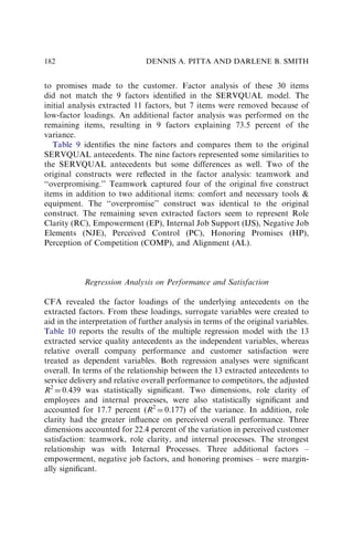 to promises made to the customer. Factor analysis of these 30 items
did not match the 9 factors identiﬁed in the SERVQUAL model. The
initial analysis extracted 11 factors, but 7 items were removed because of
low-factor loadings. An additional factor analysis was performed on the
remaining items, resulting in 9 factors explaining 73.5 percent of the
variance.
Table 9 identiﬁes the nine factors and compares them to the original
SERVQUAL antecedents. The nine factors represented some similarities to
the SERVQUAL antecedents but some differences as well. Two of the
original constructs were reﬂected in the factor analysis: teamwork and
‘‘overpromising.’’ Teamwork captured four of the original ﬁve construct
items in addition to two additional items: comfort and necessary tools 
equipment. The ‘‘overpromise’’ construct was identical to the original
construct. The remaining seven extracted factors seem to represent Role
Clarity (RC), Empowerment (EP), Internal Job Support (IJS), Negative Job
Elements (NJE), Perceived Control (PC), Honoring Promises (HP),
Perception of Competition (COMP), and Alignment (AL).
Regression Analysis on Performance and Satisfaction
CFA revealed the factor loadings of the underlying antecedents on the
extracted factors. From these loadings, surrogate variables were created to
aid in the interpretation of further analysis in terms of the original variables.
Table 10 reports the results of the multiple regression model with the 13
extracted service quality antecedents as the independent variables, whereas
relative overall company performance and customer satisfaction were
treated as dependent variables. Both regression analyses were signiﬁcant
overall. In terms of the relationship between the 13 extracted antecedents to
service delivery and relative overall performance to competitors, the adjusted
R2
¼ 0.439 was statistically signiﬁcant. Two dimensions, role clarity of
employees and internal processes, were also statistically signiﬁcant and
accounted for 17.7 percent (R2
¼ 0.177) of the variance. In addition, role
clarity had the greater inﬂuence on perceived overall performance. Three
dimensions accounted for 22.4 percent of the variation in perceived customer
satisfaction: teamwork, role clarity, and internal processes. The strongest
relationship was with Internal Processes. Three additional factors –
empowerment, negative job factors, and honoring promises – were margin-
ally signiﬁcant.
DENNIS A. PITTA AND DARLENE B. SMITH
182
 