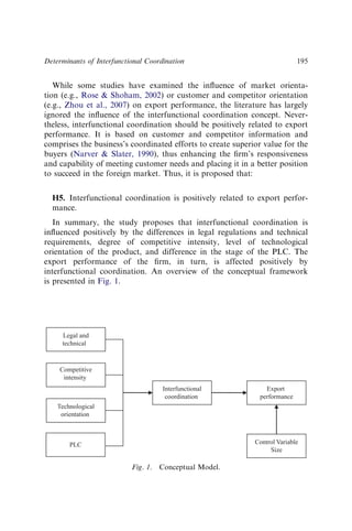 While some studies have examined the inﬂuence of market orienta-
tion (e.g., Rose  Shoham, 2002) or customer and competitor orientation
(e.g., Zhou et al., 2007) on export performance, the literature has largely
ignored the inﬂuence of the interfunctional coordination concept. Never-
theless, interfunctional coordination should be positively related to export
performance. It is based on customer and competitor information and
comprises the business’s coordinated efforts to create superior value for the
buyers (Narver  Slater, 1990), thus enhancing the ﬁrm’s responsiveness
and capability of meeting customer needs and placing it in a better position
to succeed in the foreign market. Thus, it is proposed that:
H5. Interfunctional coordination is positively related to export perfor-
mance.
In summary, the study proposes that interfunctional coordination is
inﬂuenced positively by the differences in legal regulations and technical
requirements, degree of competitive intensity, level of technological
orientation of the product, and difference in the stage of the PLC. The
export performance of the ﬁrm, in turn, is affected positively by
interfunctional coordination. An overview of the conceptual framework
is presented in Fig. 1.
Legal and
technical
Competitive
intensity
Technological
orientation
Interfunctional
coordination
Export
performance
Control Variable
Size
PLC
Fig. 1. Conceptual Model.
Determinants of Interfunctional Coordination 195
 