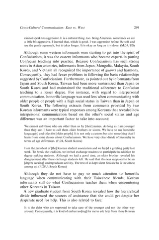 cannot speak too aggressive. It is a cultural thing, too. Being American, sometimes we are
a little bit aggressive. I learned that, which is good. I was aggressive before. Be soft and
use the gentle approach, but it takes longer. It is okay as long as it is done. (M/35, US)
Although some western informants were starting to get into the spirit of
Confucianism, it was the eastern informants who became experts in putting
Confucian teaching into practice. Because Confucianism has such strong
roots in Asian countries, informants from Japan, Mongolia, Malaysia, South
Korea, and Vietnam all recognized the importance of guanxi and harmony.
Consequently, they had fewer problems in following the basic relationships
suggested by Confucianism. Furthermore, as pointed out by informants from
Japan and South Korea, Taiwan had been more westernized than Japan or
South Korea and had maintained the traditional adherence to Confucian
teaching to a lesser degree. For instance, with regard to interpersonal
communication, honoriﬁc language was used less when communicating with
older people or people with a high social status in Taiwan than in Japan or
South Korea. The following extracts from comments provided by two
Korean informants were typical responses among Koreans that revealed how
interpersonal communication based on the other’s social status and age
difference was an important factor to take into account:
We cannot call those who are older than us by [their] names. As long as I am younger
than they are, I have to call them older brothers or sisters. We have to use honoriﬁc
language[s] and titles for [older people]. It is not only a custom but also something that I
learn from some classes about Confucianism. We have very clear divide of hierarchy in
terms of age differences. (F/24, South Korea)
I am the president of [the] Korean student association and we h[e]ld a greeting party last
week. To break the tradition, we invited exchange students to participate in addition to
degree seeking students. Although we had a good time, an older brother revealed his
disagreement after these exchange students left. He said that this was supposed to be an
[degree seeking] undergraduate activity. The rest of us kept silent because he is the oldest
among us. (F/26U, South Korea)
Although they do not have to pay so much attention to honoriﬁc
language when communicating with their Taiwanese friends, Korean
informants still do what Confucianism teaches them when encountering
other Koreans in Taiwan.
A new graduate student from South Korea revealed how the hierarchical
divide inﬂuenced the sources of assistance that she could get despite her
desperate need for help. This is also related to face:
It is the elder who are supposed to take care of the younger and not the other way
around. Consequently, it is kind of embarrass[ing] for me to ask help from those Korean
Cross-Cultural Communication: East vs. West 299
 