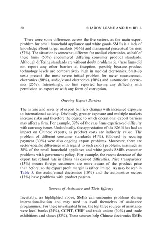 There were some differences across the ﬁve sectors, as the main export
problem for small household appliance and white goods SMEs is a lack of
knowledge about target markets (43%) and managerial perceptual barriers
(57%). The situation is somewhat different for medical electronics, as half of
these ﬁrms (50%) encountered differing consumer product standards.
Although differing standards are without doubt problematic, these ﬁrms did
not report any other barriers at inception, possibly because product
technology levels are comparatively high in medical electronics. Start-up
costs present the most severe initial problem for meter measurement
electronics (80%), audio/visual electronics (50%) and automotive electro-
nics (25%). Interestingly, no ﬁrm reported having any difﬁculty with
permission to export or with any form of corruption.
Ongoing Export Barriers
The nature and severity of export barriers changes with increased exposure
to international activity. Obviously, greater exposure and multiple markets
increase risks and therefore the degree to which operational export barriers
may affect a ﬁrm. For example, 39% of the case ﬁrms experienced difﬁculty
with currency issues. Undoubtedly, the appreciation of the RMB has had an
impact on Chinese exports, as product costs are indirectly raised. The
problem of different consumer standards (41%), followed by securing
payment (30%) were also ongoing export problems. Moreover, there are
sector-speciﬁc differences with regard to such export problems, inasmuch as
38% of the small household appliance and white goods SMEs encounter
problems with government policy. For example, the recent decrease of the
export tax refund rate in China has caused difﬁculties. Price transparency
(13%) means foreign customers are more aware of the product price
than before, so the export proﬁt margin is rather limited. As may be seen in
Table 5, the audio/visual electronics (10%) and the automotive sectors
(13%) have problems with product patents.
Sources of Assistance and Their Efﬁcacy
Inevitably, as highlighted above, SMEs can encounter problems during
internationalisation and may need to avail themselves of assistance
programmes. For these investigated ﬁrms, the top three sources of assistance
were local banks (24%), CCPIT, CEIF and trade unions (30%) and trade
exhibitions and shows (33%). These sources help Chinese electronics SMEs
SHARON LOANE AND JIM BELL
20
 