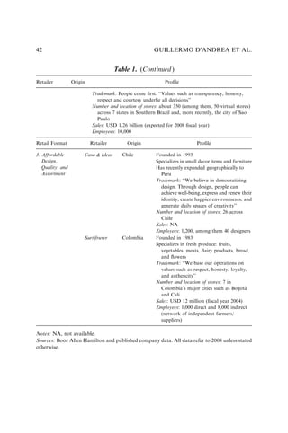 Table 1. (Continued )
Retailer Origin Proﬁle
Trademark: People come ﬁrst. ‘‘Values such as transparency, honesty,
respect and courtesy underlie all decisions’’
Number and location of stores: about 350 (among them, 50 virtual stores)
across 7 states in Southern Brazil and, more recently, the city of Sao
Paulo
Sales: USD 1.26 billion (expected for 2008 ﬁscal year)
Employees: 10,000
Retail Format Retailer Origin Proﬁle
3. Affordable
Design,
Quality, and
Assortment
Casa & Ideas Chile Founded in 1993
Specializes in small décor items and furniture
Has recently expanded geographically to
Peru
Trademark: ‘‘We believe in democratizing
design. Through design, people can
achieve well-being, express and renew their
identity, create happier environments, and
generate daily spaces of creativity’’
Number and location of stores: 26 across
Chile
Sales: NA
Employees: 1,200, among them 40 designers
Surtifruver Colombia Founded in 1983
Specializes in fresh produce: fruits,
vegetables, meats, dairy products, bread,
and ﬂowers
Trademark: ‘‘We base our operations on
values such as respect, honesty, loyalty,
and authencity’’
Number and location of stores: 7 in
Colombia’s major cities such as Bogotá
and Cali
Sales: USD 12 million (ﬁscal year 2004)
Employees: 1,000 direct and 8,000 indirect
(network of independent farmers/
suppliers)
Notes: NA, not available.
Sources: Booz Allen Hamilton and published company data. All data refer to 2008 unless stated
otherwise.
GUILLERMO D’ANDREA ET AL.
42
 