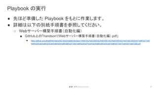Playbook の実行
● 先ほど準備した Playbook をもとに作業します。
● 詳細は以下の別紙手順書を参照してください。
○ Webサーバー構築手順書（自動化編）
■ GitHub上の「handson1/Webサーバー構築手順書（自動化編）.pdf」
● https://github.com/akira6592/intern2021/blob/master/handson1/Web%E3%82%B5%E3%83%BC%E3%83%90%E3%83%BC%E6%A7%8B%E7%AF
%89%E6%89%8B%E9%A0%86%E6%9B%B8%EF%BC%88%E8%87%AA%E5%8B%95%E5%8C%96%E7%B7%A8%EF%BC%89.pdf
27
 