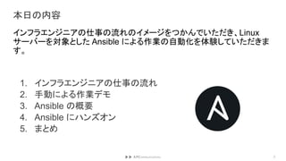 本日の内容
インフラエンジニアの仕事の流れのイメージをつかんでいただき、Linux
サーバーを対象とした Ansible による作業の自動化を体験していただきま
す。
1. インフラエンジニアの仕事の流れ
2. 手動による作業デモ
3. Ansible の概要
4. Ansible にハンズオン
5. まとめ
3
 