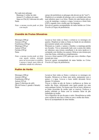 Por cada meio pêssego:
 Manteiga (1 colher de chá)            caroço (de preferência os pêssegos não devem ser de “roer”).
 Açúcar (1,5 colheres de sopa)         Dispõem-se as metades de pêssego com a cavidade para cima
 Água ou Chá (0,5 chávenas de café)    num tabuleiro para ir ao forno. Dentro de cada buraco põe-se
Natas                                  a noz de manteiga, o açúcar e a água. Levam-se a forno forte
                                       (220º), regando com o molho que vão largando.
Nota: a mesma receita pode ser feita   Servem-se quentes acompanhados de natas batidas ou Crème
     com maçãs                         Fraiche (d’Isigny de preferência).


Cramble de Frutos Silvestres

Morangos (500 g)                       Lavam-se bem todas as frutas e cortam-se os morangos em
Amoras (250 g)                         quartos. Dispõem-se todas as frutas no fundo de um tabuleiro
Framboesas (250 g)                     previamente untado com manteiga.
Manteiga (250 g)                       Misturam-se, à parte, o açúcar, a farinha e a manteiga partida
Açúcar (250 g)                         aos bocados. Vai-se amassando tudo com a ponta dos dedos
Farinha (250 g)                        até obtermos uma textura semelhante à da areia (pode-se ir
Natas                                  corrigindo com farinha e/ou açúcar). Deita-se esta mistura por
                                       cima das frutas, cobrindo-as completamente.
Nota: a mesma receita pode ser feita   Leva-se a forno quente (230º) para que coza a farinha e fique
     com maçãs reineta, devendo        tostado por cima.
     para tal acrescentar-se pinhões   Serve-se quente acompanhado de natas batidas ou Crème
     e passas à maçã, para além de     Fraiche (d’Isigny de preferência).
     amêndoa ralada na cobertura.

Pudim de Verão

Morangos (200 g)                       Lavam-se bem todas as frutas e cortam-se os morangos em
Amoras (200 g)                         bocados. Deitam-se as frutas num tacho, juntamente com o
Framboesas (200 g)                     açúcar e a água. Leva-se a lume médio deixando ferver
Açúcar (225 g)                         durante 3/4 minutos.
Água (3 chávenas de café)              Tira-se a côdea ao pão de forma e molham-se as fatias no
Pão de Forma (1 grande e fatiado)      molho das frutas, enformando uma tigela grande (ou uma
Natas                                  outra qualquer forma). No buraco que fica no meio, deitam-se
                                       as frutas escorridas do molho (que se reserva). Fecha-se o
                                       pudim cobrindo as frutas com as restantes fatias de pão
                                       embebidas no molho.
                                       Vai a frigorífico de um dia para o outro. Desenforma-se então
                                       com a ajuda de uma faca e cobre-se com o molho das frutas.
                                       Serve-se acompanhado de natas batidas.




                                                                                                  30
 