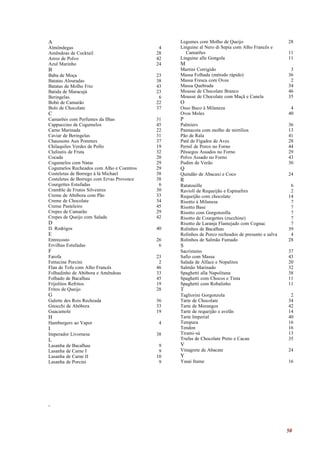 A                                               Legumes com Molho de Queijo                       28
Almôndegas                                  4   Linguine al Nero di Sepia com Alho Francês e
Amêndoas de Cocktail                       28     Camarões                                        11
Arroz de Polvo                             42   Linguine alle Gongola                             11
Azul Marinho                               24   M
B                                               Martini Corrigido                                  3
Baba de Moça                               23   Massa Folhada (método rápido)                     36
Batatas Alouradas                          38   Massa Fresca com Ovos                              2
Batatas de Molho Frio                      43   Massa Quebrada                                    34
Batida de Maracujá                         23   Mousse de Chocolate Branco                        46
Beringelas                                  6   Mousse de Chocolate com Maçã e Canela             35
Bobó de Camarão                            22   O
Bolo de Chocolate                          37   Osso Buco à Milaneza                               4
C                                               Ovos Moles                                        40
Camarões com Perfumes da Ilhas             31   P
Cappuccino de Cogumelos                    45   Palmiers                                          36
Carne Marinada                             22   Pannacota com molho de mirtílios                  13
Caviar de Beringelas                       31   Pão de Rala                                       41
Chaussons Aux Pommes                       37   Patê de Fígados de Aves                           28
Chilaquiles Verdes de Pollo                19   Pernil de Porco no Forno                          44
Clafoutis de Fruta                         32   Pêssegos Assados no Forno                         29
Cocada                                     20   Polvo Assado no Forno                             43
Cogumelos com Natas                        29   Pudim de Verão                                    30
Cogumelos Recheados com Alho e Coentros    29   Q
Costeletas de Borrego à lá Michael         38   Quindão de Abacaxi e Coco                         24
Costeletas de Borrego com Ervas Provence   38   R
Courgettes Estufadas                        6   Ratatouille                                        6
Cramble de Frutos Silvestres               30   Ravioli de Requeijão e Espinafres                  2
Creme de Abóbora com Pão                   33   Requeijão com chocolate                           14
Creme de Chocolate                         34   Risotto à Milanesa                                 7
Creme Pasteleiro                           45   Risotto Base                                       7
Crepes de Camarão                          29   Risotto com Gorgonzolla                            7
Crepes de Queijo com Salada                42   Risotto de Courgettes (zucchine)                   7
D                                               Risotto de Laranja Flamejado com Cognac            7
D. Rodrigos                                40   Rolinhos de Bacalhau                              39
E                                               Rolinhos de Porco recheados de presunto e salva    4
Entrecosto                                 26   Rolinhos de Salmão Fumado                         28
Ervilhas Estufadas                          6   S
F                                               Sacristains                                       37
Farofa                                     23   Safio com Massa                                   43
Fettucine Porcini                           2   Salada de Alface e Nopalitos                      20
Flan de Tofu com Alho Francês              46   Salmão Marinado                                   32
Folhadinho de Abóbora e Amêndoas           33   Spaghetti alla Napolitana                         38
Folhado de Bacalhau                        45   Spaghetti com Chocos e Tinta                      11
Frijolitos Refritos                        19   Spaghetti com Robalinho                           11
Fritos de Queijo                           28   T
G                                               Tagliorini Gorgonzola                              2
Galette des Rois Recheada                  36   Tarte de Chocolate                                34
Gnocchi de Abóbora                         33   Tarte de Morangos                                 42
Guacamole                                  19   Tarte de requeijão e avelãs                       14
H                                               Tarte Imperial                                    40
Hamburgers ao Vapor                         4   Tempura                                           16
I                                               Tendon                                            16
Imperador Livornese                        38   Tirami-sú                                         13
L                                               Trufas de Chocolate Preto e Cacau                 35
Lasanha   de Bacalhau                       9   V
Lasanha   de Carne I                        9   Vinagrete de Abacate                              24
Lasanha   de Carne II                      10   Y
Lasanha   de Porcini                        9   Yasai Itame                                       16




                                                                                                  50
 