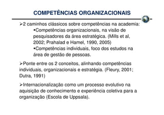 COMPETÊNCIAS ORGANIZACIONAIS
 2 caminhos clássicos sobre competências na academia:
      Competências organizacionais, na visão de
     pesquisadores da área estratégica. (Mills et al,
     2002; Prahalad e Hamel, 1990, 2005)
      Competências individuais, foco dos estudos na
     área de gestão de pessoas.
  Ponte entre os 2 conceitos, alinhando competências
individuais, organizacionais e estratégia. (Fleury, 2001;
Dutra, 1991)
  Internacionalização como um processo evolutivo na
aquisição de conhecimento e experiência coletiva para a
organização (Escola de Uppsala).
 