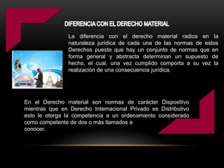 La diferencia con el derecho material radica en la
naturaleza jurídica de cada una de las normas de estos
Derechos puesto que hay un conjunto de normas que en
forma general y abstracta determinan un supuesto de
hecho, el cual, una vez cumplido comporta a su vez la
realización de una consecuencia jurídica.
En el Derecho material son normas de carácter Dispositivo
mientras que en Derecho Internacional Privado es Distributivo
esto le otorga la competencia a un ordenamiento considerado
como competente de dos o más llamados a
conocer.
 