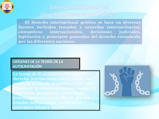 Base Constitucional del
Derecho Internacional Público
El derecho internacional publico se basa en diversas
fuentes incluidos tratados y acuerdos internacionales,
costumbres internacionales, decisiones judiciales,
legislación y principios generales del derecho reconocido
por las diferentes naciones.
ORÍGENES DE LA TEORÍA DE LA
AUTOLIMITACIÓN
La teoría de la autolimitación en el
derecho internacional público tiene sus
raíces en la Paz de Westfalia (1648), que
estableció la soberanía estatal. Durante la
Ilustración, pensadores como Hugo
Grocio promovieron la idea de que los
Estados debían actuar conforme a
principios éticos y legales
 