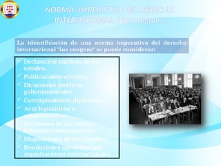 NORMA IMPERATIVA DEL DERECHO
INTERNACIONAL. ( ius congens)
La identificación de una norma imperativa del derecho
internacional "ius congens" se puede considerar:
 Declaración públicas de los
estados.
 Publicaciones oficiales.
 Dictamenes jurídicos
gubernamentales.
 Correspondencia diplomática.
 Acto legislativos y
administrativos.
 Decisiones de las cortes y
tribunales internacionales.
 Disposiciones de los tratados.
 Resoluciones aprobadas por
organizaciones internacionales
 