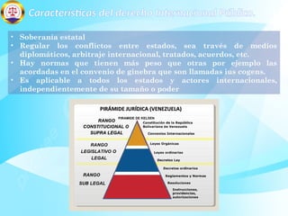 • Soberanía estatal
• Regular los conflictos entre estados, sea través de medios
diplomáticos, arbitraje internacional, tratados, acuerdos, etc.
• Hay normas que tienen más peso que otras por ejemplo las
acordadas en el convenio de ginebra que son llamadas ius cogens.
• Es aplicable a todos los estados y actores internacionales,
independientemente de su tamaño o poder
Características del derecho Internacional Público.
 