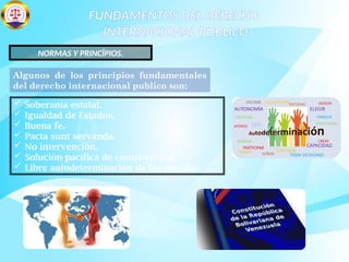 Algunos de los principios fundamentales
del derecho internacional publico son:
FUNDAMENTOS DEL DERECHO
INTERNACIONAL PUBLICO
 Soberanía estatal.
 Igualdad de Estados.
 Buena fe.
 Pacta sunt servanda.
 No intervención.
 Solución pacífica de controversias.
 Libre autodeterminación de los pueblos
NORMAS Y PRINCÍPIOS.
 