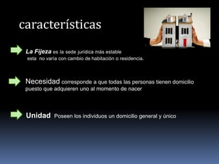 características
La Fijeza es la sede jurídica más estable
esta no varía con cambio de habitación o residencia.
Necesidad corresponde a que todas las personas tienen domicilio
puesto que adquieren uno al momento de nacer
Unidad Poseen los individuos un domicilio general y único
 