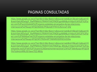 PAGINAS CONSULTADAS
• https://www.google.co.ve/url?sa=t&rct=j&q=&esrc=s&source=web&cd=3&cad=rja&uact=8
&ved=0ahUKEwiggY_RwPPMAhXJ7R4KHYX4CFMQFggmMAI&url=https%3A%2F%2Fpr
ezi.com%2Faotvh0oblxb6%2Forganos-estatales-encargados-de-las-relaciones-
internacional%2F&usg=AFQjCNGh8yTPQbzlqKYFKhVLNUvrcaT-DQ
• https://www.google.co.ve/url?sa=t&rct=j&q=&esrc=s&source=web&cd=4&cad=rja&uact=8
&ved=0ahUKEwiggY_RwPPMAhXJ7R4KHYX4CFMQFggrMAM&url=https%3A%2F%2Fpr
ezi.com%2F9itth6ow7wk3%2Forganos-estatales-encargados-de-las-relaciones-
internacional%2F&usg=AFQjCNFI7RtlSm9PYN6N9f2tSDfhEhUGWw
• https://www.google.co.ve/url?sa=t&rct=j&q=&esrc=s&source=web&cd=8&cad=rja&uact=8
&ved=0ahUKEwiggY_RwPPMAhXJ7R4KHYX4CFMQFgg_MAc&url=https%3A%2F%2Fes.
wikipedia.org%2Fwiki%2FUsuario%3ADerechointernacional1234%2FTaller&usg=AFQjCN
FAi7Iy9mUvWRL0S1bevcTEZ-Mb5g
 