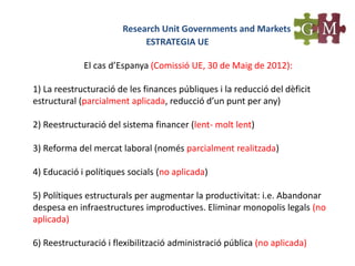 Research Unit Governments and Markets
ESTRATEGIA UE
El cas d’Espanya (Comissió UE, 30 de Maig de 2012):
1) La reestructuració de les finances públiques i la reducció del dèficit
estructural (parcialment aplicada, reducció d’un punt per any)
2) Reestructuració del sistema financer (lent- molt lent)
3) Reforma del mercat laboral (només parcialment realitzada)
4) Educació i polítiques socials (no aplicada)
5) Polítiques estructurals per augmentar la productivitat: i.e. Abandonar
despesa en infraestructures improductives. Eliminar monopolis legals (no
aplicada)
6) Reestructuració i flexibilització administració pública (no aplicada)
 