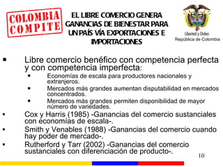 Libre comercio benéfico con competencia perfecta y con competencia imperfecta : Economías de escala para productores nacionales y extranjeros. Mercados más grandes aumentan disputabilidad en mercados concentrados. Mercados más grandes permiten disponibilidad de mayor número de variedades. Cox y Harris (1985) -Ganancias del comercio sustanciales con economías de escala-. Smith y Venables (1988) -Ganancias del comercio cuando hay poder de mercado-. Rutherford y Tarr (2002) -Ganancias del comercio sustanciales con diferenciación de producto-. EL LIBRE COMERCIO GENERA GANANCIAS DE BIENESTAR PARA UN PAÍS VÍA EXPORTACIONES E IMPORTACIONES 