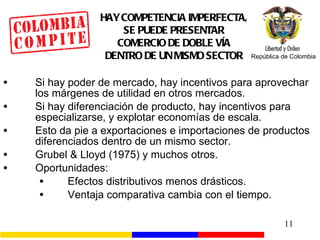 HAY COMPETENCIA IMPERFECTA, SE PUEDE PRESENTAR COMERCIO DE DOBLE VÍA DENTRO DE UN MISMO SECTOR Si hay poder de mercado, hay incentivos para aprovechar los márgenes de utilidad en otros mercados. Si hay diferenciación de producto, hay incentivos para especializarse, y explotar economías de escala. Esto da pie a exportaciones e importaciones de productos diferenciados dentro de un mismo sector. Grubel & Lloyd (1975) y muchos otros. Oportunidades: Efectos distributivos menos drásticos. Ventaja comparativa cambia con el tiempo. 