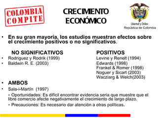 CRECIMIENTO ECONÓMICO En su gran mayoría, los estudios muestran efectos sobre el crecimiento positivos o no significativos . NO   SIGNIFICATIVOS   POSITIVOS Rodriguez y Rodrik (1999) Levine y Renelt (1994) Baldwin R. E. (2003)  Edwards (1998)  Frankel & Romer (1998)   Noguer y Sicart (2003)  Wacziarg & Welch(2003)   AMBOS   Sala-i-Martín  (1997)   -  Oportunidades: Es difícil encontrar evidencia seria que muestre que el libre comercio afecte negativamente el crecimiento de largo plazo. -  Precauciones: Es necesario dar atención a otras políticas . 