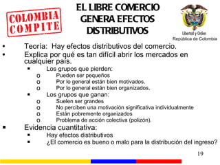 EL LIBRE COMERCIO GENERA EFECTOS DISTRIBUTIVOS Teoría:  Hay efectos distributivos del comercio. Explica por qué es tan difícil abrir los mercados en cualquier país. Los grupos que pierden: Pueden ser pequeños Por lo general están bien motivados. Por lo general están bien organizados. Los grupos que ganan: Suelen ser grandes No perciben una motivación significativa individualmente Están pobremente organizados  Problema de acción colectiva (polizón). Evidencia cuantitativa: Hay efectos distributivos ¿El comercio es bueno o malo para la distribución del ingreso? 