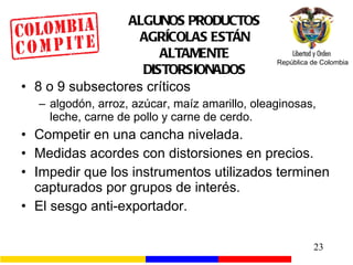 ALGUNOS PRODUCTOS AGRÍCOLAS ESTÁN ALTAMENTE DISTORSIONADOS 8 o 9 subsectores críticos algodón, arroz, azúcar, maíz amarillo, oleaginosas, leche, carne de pollo y carne de cerdo. Competir en una cancha nivelada. Medidas acordes con distorsiones en precios. Impedir que los instrumentos utilizados terminen capturados por grupos de interés. El sesgo anti-exportador. 