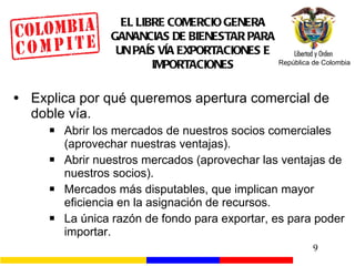EL LIBRE COMERCIO GENERA GANANCIAS DE BIENESTAR PARA UN PAÍS VÍA EXPORTACIONES E IMPORTACIONES Explica por qué queremos apertura comercial de doble vía. Abrir los mercados de nuestros socios comerciales (aprovechar nuestras ventajas). Abrir nuestros mercados (aprovechar las ventajas de nuestros socios). Mercados más disputables, que implican mayor eficiencia en la asignación de recursos. La única razón de fondo para exportar, es para poder importar. 