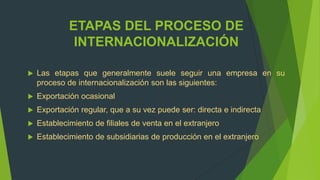 ETAPAS DEL PROCESO DE
              INTERNACIONALIZACIÓN

   Las etapas que generalmente suele seguir una empresa en su
    proceso de internacionalización son las siguientes:
   Exportación ocasional
   Exportación regular, que a su vez puede ser: directa e indirecta
   Establecimiento de filiales de venta en el extranjero
   Establecimiento de subsidiarias de producción en el extranjero
 