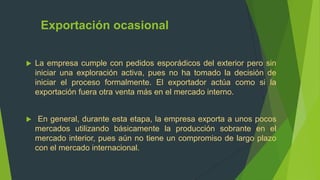 Exportación ocasional


   La empresa cumple con pedidos esporádicos del exterior pero sin
    iniciar una exploración activa, pues no ha tomado la decisión de
    iniciar el proceso formalmente. El exportador actúa como si la
    exportación fuera otra venta más en el mercado interno.


    En general, durante esta etapa, la empresa exporta a unos pocos
    mercados utilizando básicamente la producción sobrante en el
    mercado interior, pues aún no tiene un compromiso de largo plazo
    con el mercado internacional.
 