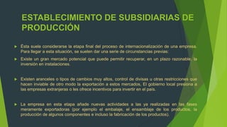 ESTABLECIMIENTO DE SUBSIDIARIAS DE
    PRODUCCIÓN

   Ésta suele considerarse la etapa final del proceso de internacionalización de una empresa.
    Para llegar a esta situación, se suelen dar una serie de circunstancias previas:
   Existe un gran mercado potencial que puede permitir recuperar, en un plazo razonable, la
    inversión en instalaciones.


   Existen aranceles o tipos de cambios muy altos, control de divisas u otras restricciones que
    hacen inviable de otro modo la exportación a estos mercados, El gobierno local presiona a
    las empresas extranjeras o les ofrece incentivos para invertir en el país.


   La empresa en esta etapa añade nuevas actividades a las ya realizadas en las fases
    meramente exportadoras (por ejemplo el embalaje, el ensamblaje de los productos, la
    producción de algunos componentes e incluso la fabricación de los productos).
 