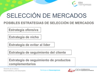 Fomento de la Cultura
Emprendedora y del Autoempleo Participa en #masempresas
Estrategia ofensiva
Estrategia de nicho
Estrategia de evitar al líder
Estrategia de seguimiento del cliente
Estrategia de seguimiento de productos
complementarios
SELECCIÓN DE MERCADOS
POSIBLES ESTRATEGIAS DE SELECCIÓN DE MERCADOS
 